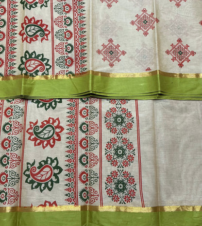 Chettinad Sungudi Cotton Cream Colour with Olive Green Colour Border