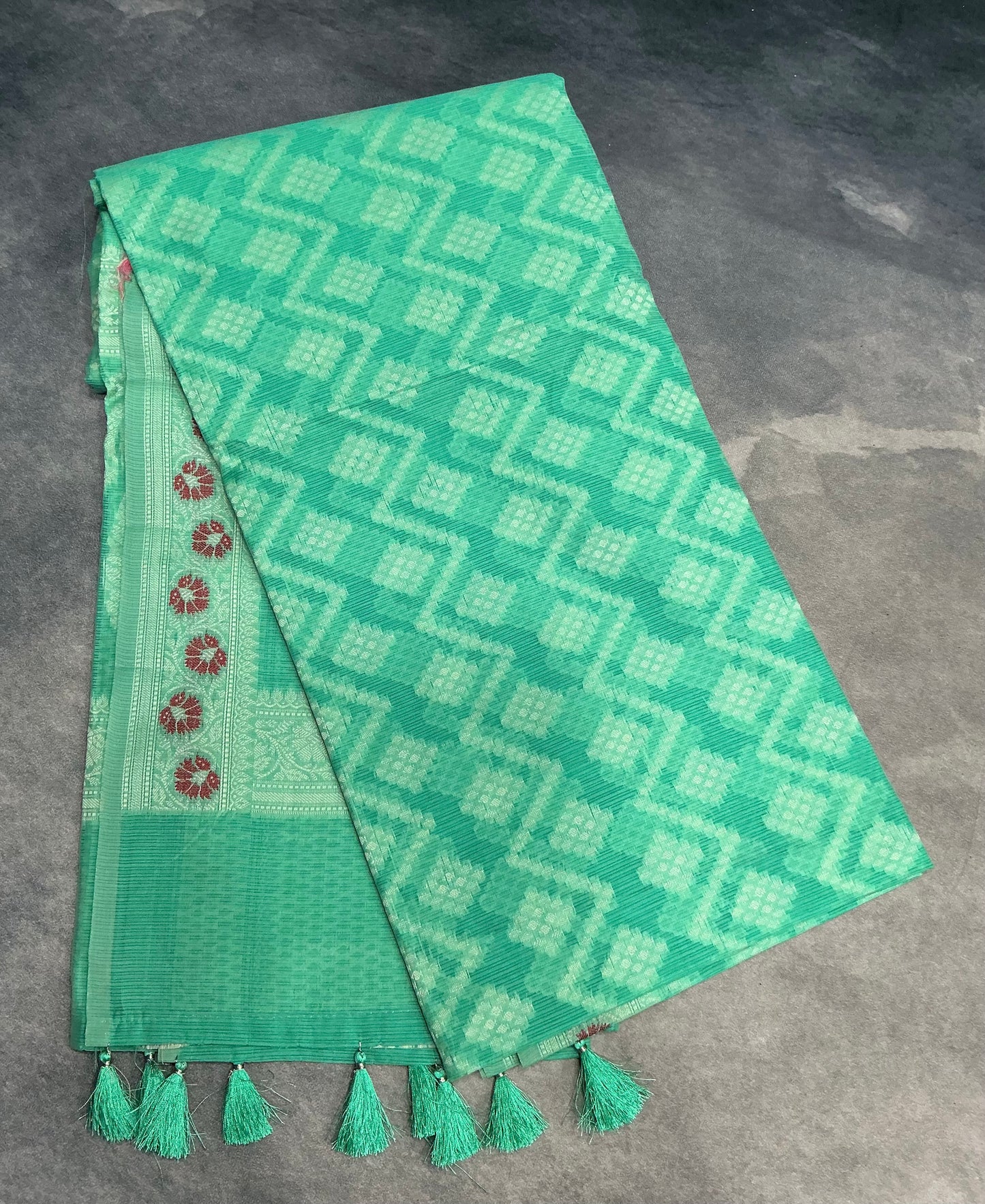 Chettinad Cotton Saree Mint Green Colour with Red Floral Motifs Sliver Zari Base Border