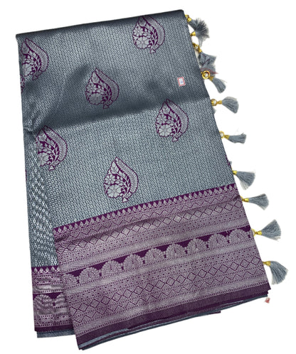 Art Silk Saree Gray Colour with Magenta Border