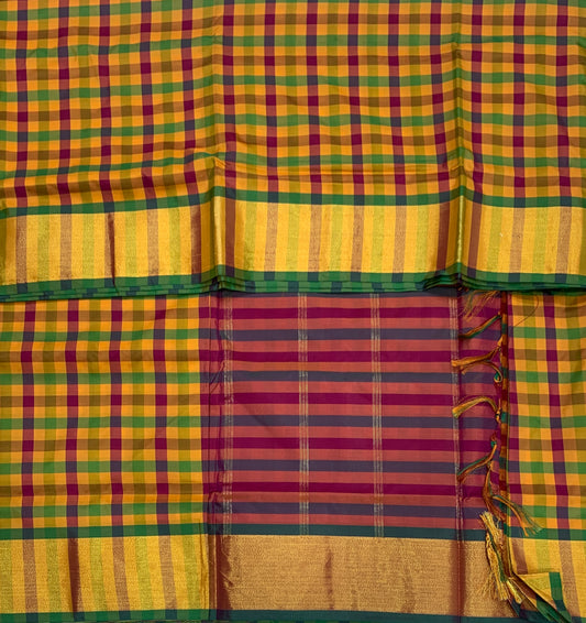 9 yards Vegan Silk Saree Multi Colour with Golden Border