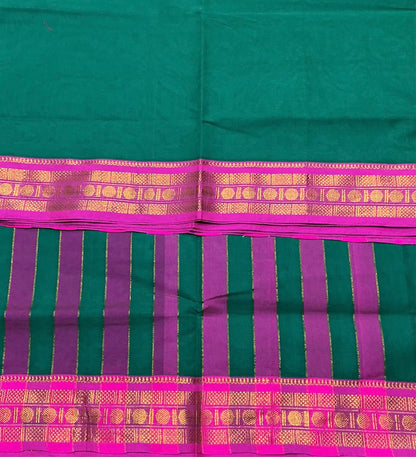 Chettinad Cotton Saree Rama Green Colour with Rani Pink Colour with Zari Work Border