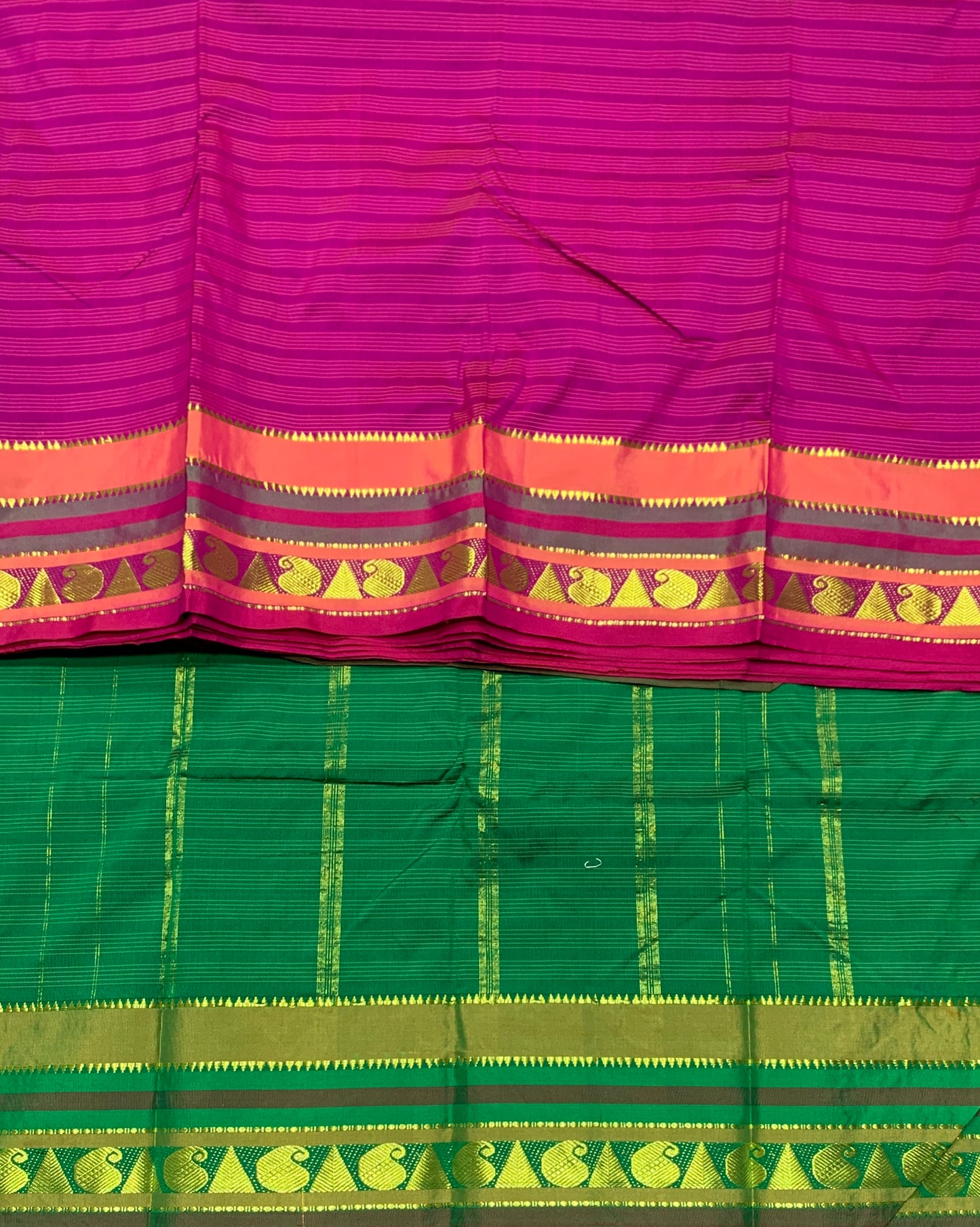 Arani Silk Saree Pink Colour with Olive Green Border with Mango and Gopeuram Design