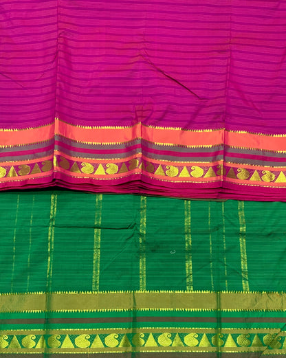 Arani Silk Saree Pink Colour with Olive Green Border with Mango and Gopeuram Design