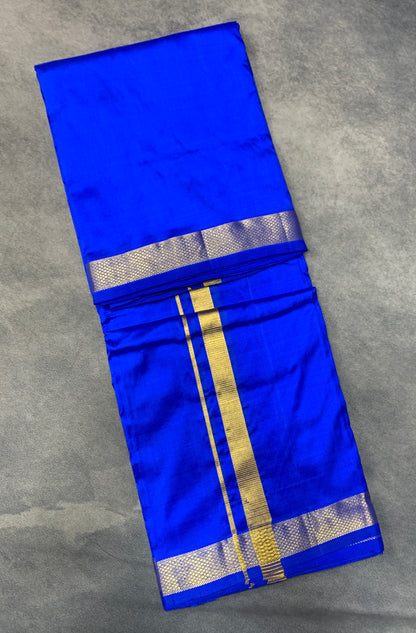 9X5 Pure Silk Dhoti Royal Blue with Small Golden Zari Border