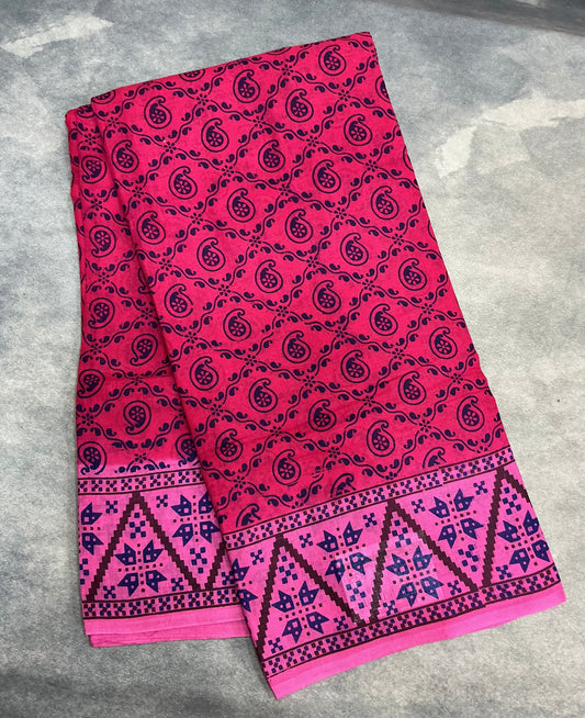 MulMul Cotton Rani Pink Colour with Baby Pink Colour Border