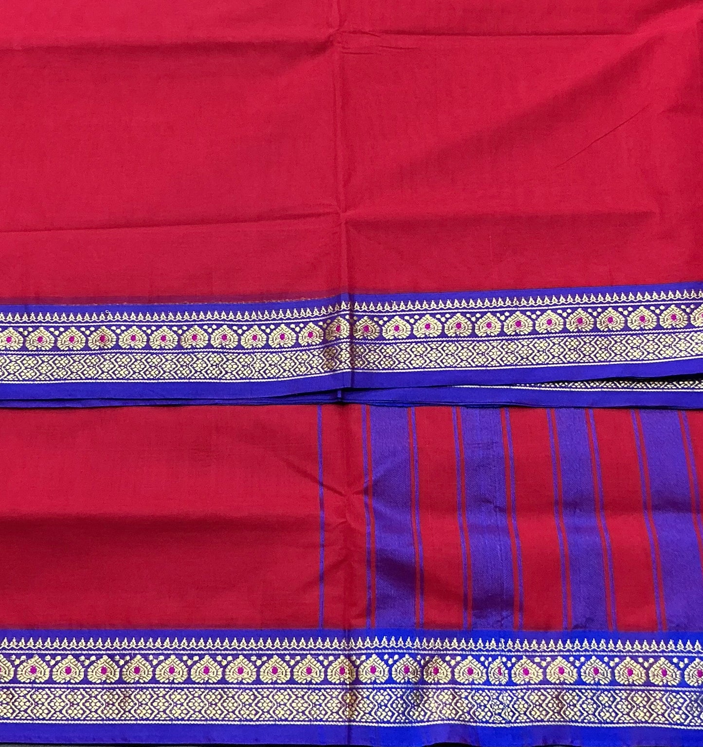 Chettinad Cotton Saree Red Colour with Blue Colour with Thread Work Border
