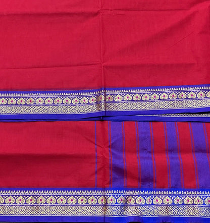 Chettinad Cotton Saree Red Colour with Blue Colour with Thread Work Border