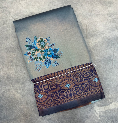 Fancy Tissue Saree Sky Blue Colour with Navy Blue Border
