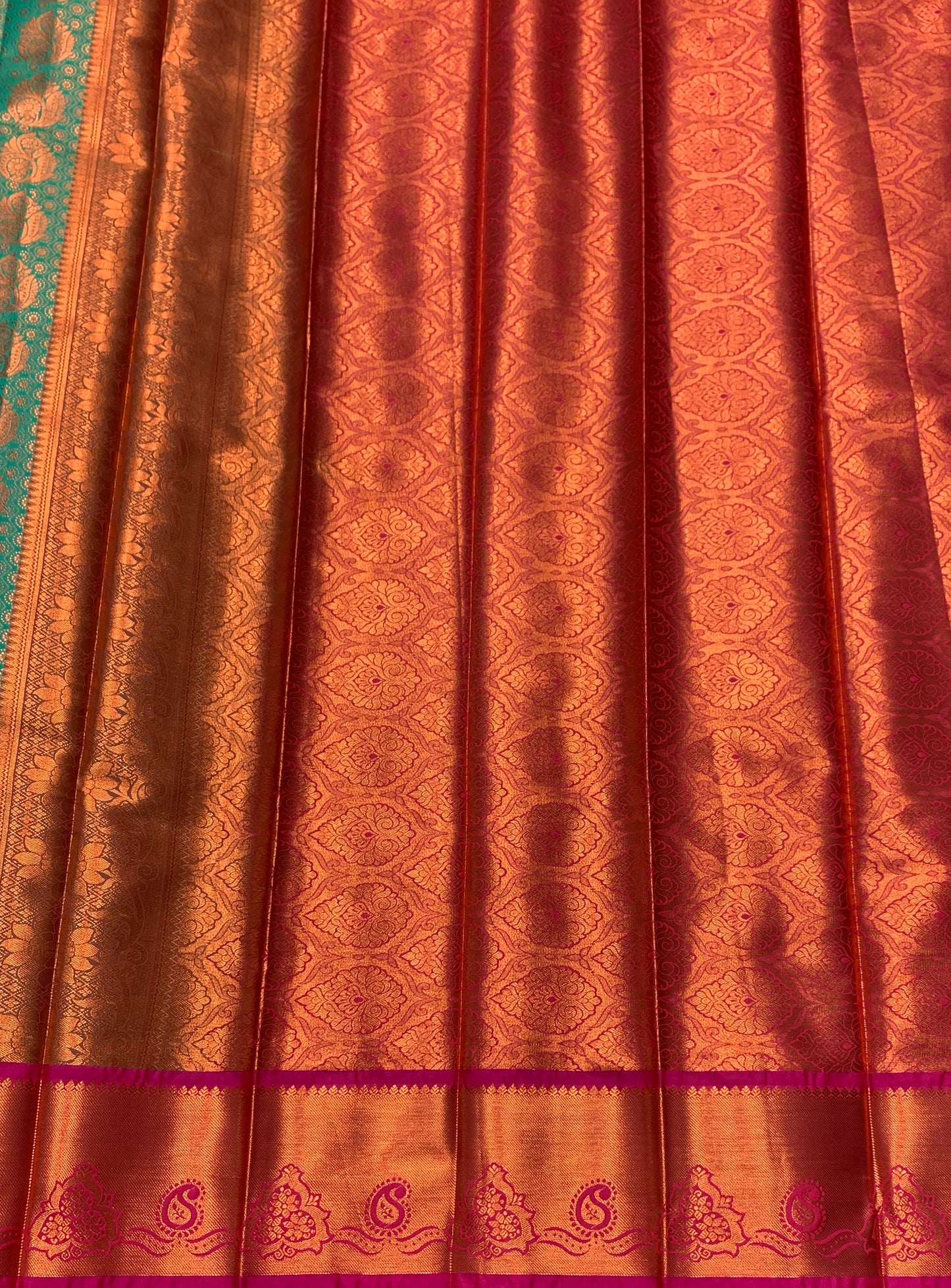 Vegan Silk Saree Light Green Colour with Magenta and Copper Border