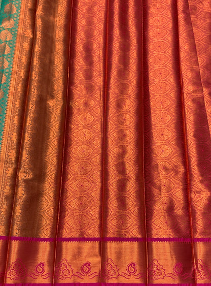 Vegan Silk Saree Light Green Colour with Magenta and Copper Border