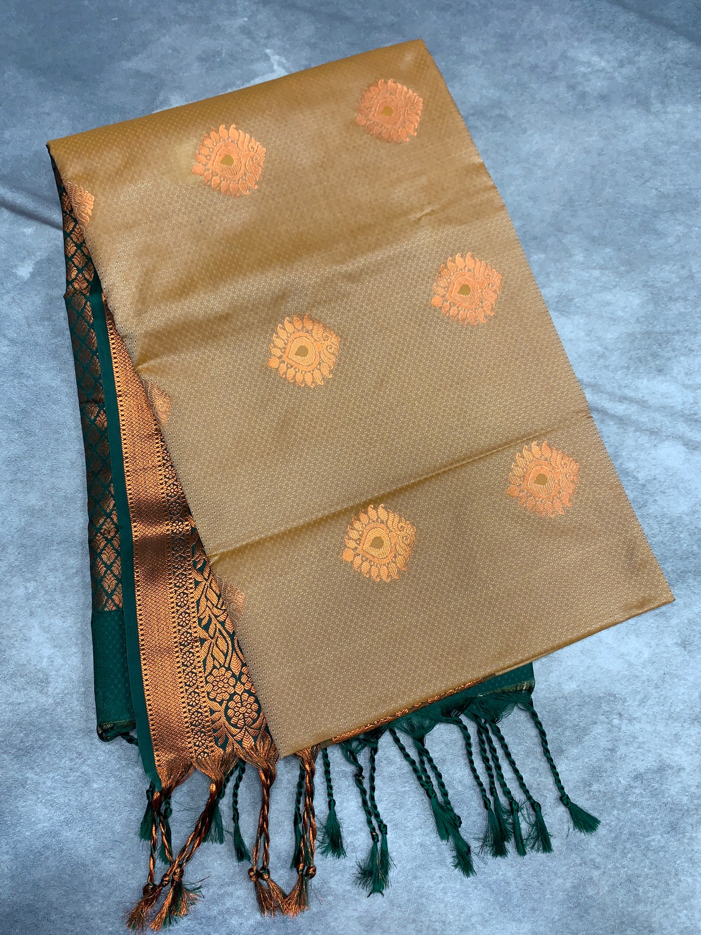 Soft Vegan Silk Saree Sandal Colour with Green and Copper Border