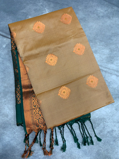 Soft Vegan Silk Saree Sandal Colour with Green and Copper Border
