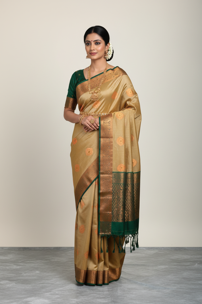 Soft Vegan Silk Saree Sandal Colour with Green and Copper Border