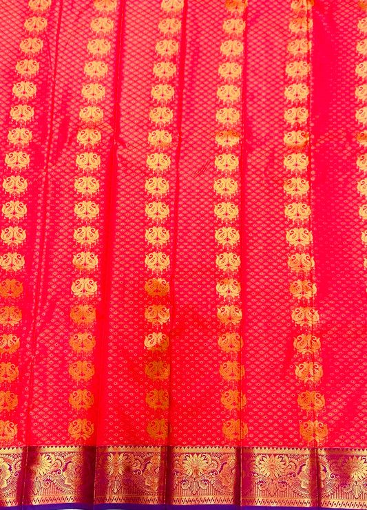 Vegan Silk Saree Baby Pink shade with Copper with flower design.