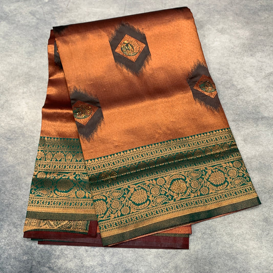 Art Silk Saree Maroon Colour and Stone Work with Green Border