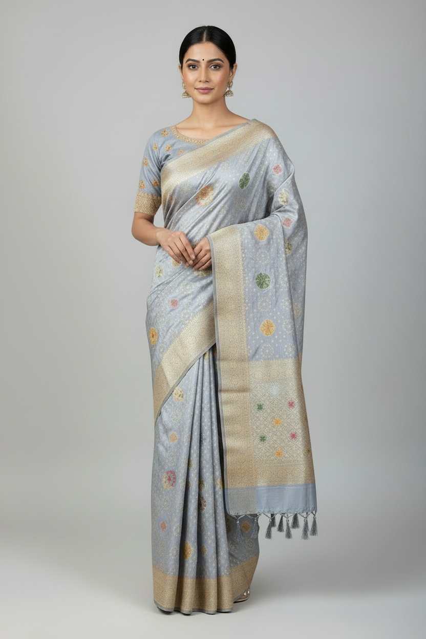 Banaras Soft Silk Saree Gray Colour with Sliver Colour Floral Design Border