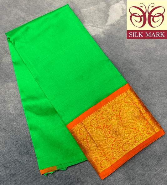Light Green Shade Pure Kanchipuram Kids Pattu Pavadai with Contrast Border for Newborn to 2 Years