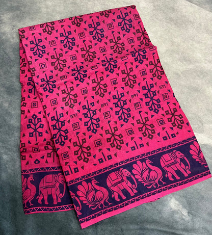 Chettinad Sungudi Cotton Pink Colour with Navy Blue Colour Border