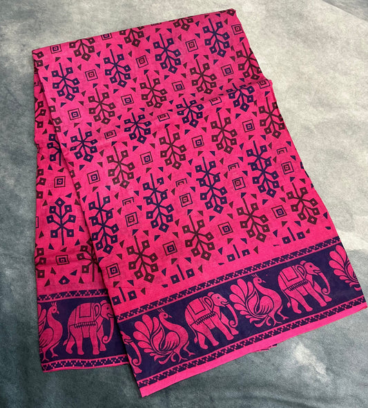 Chettinad Sungudi Cotton Pink Colour with Navy Blue Colour Border
