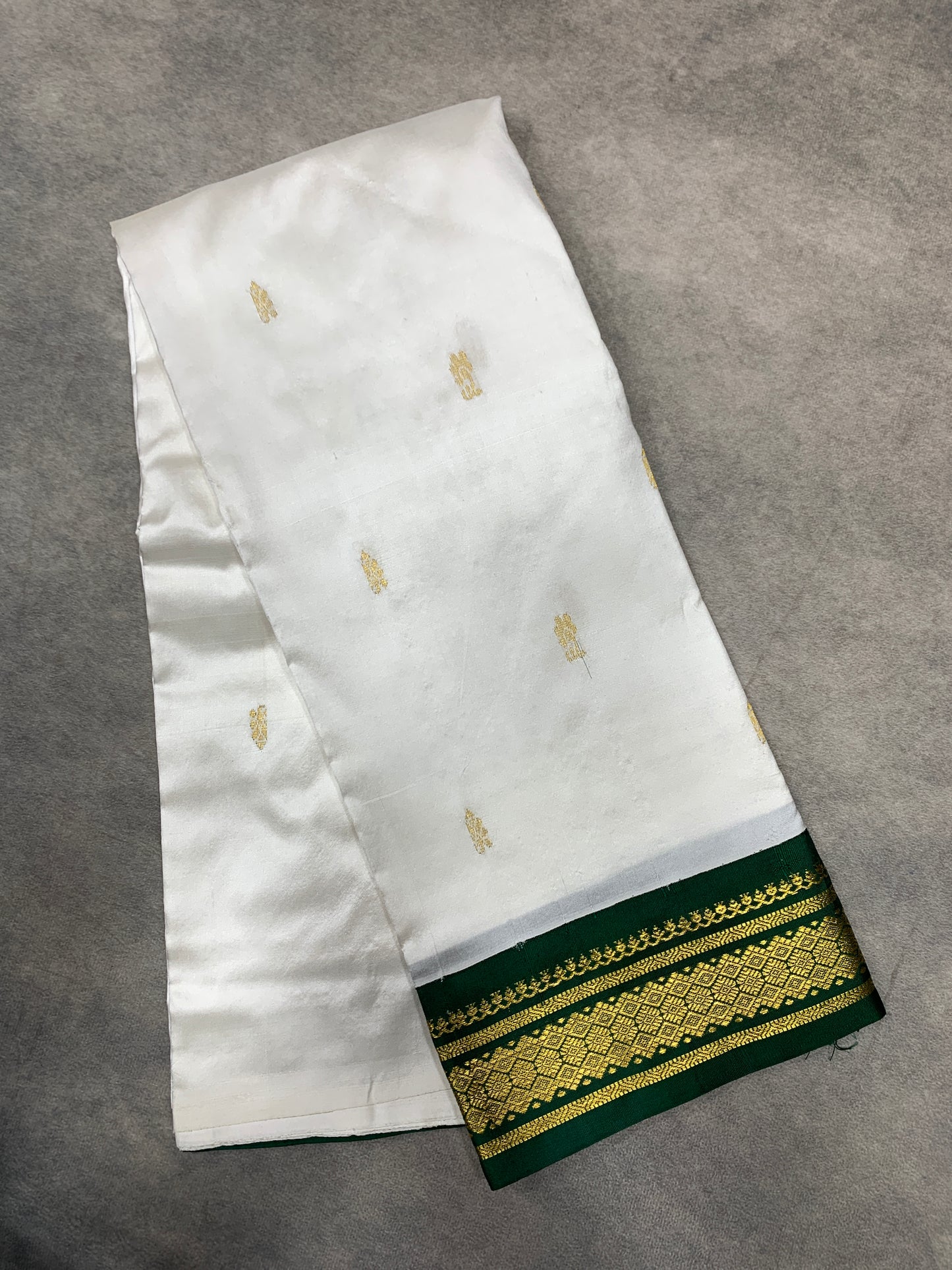Pure Kanchipuram Silk Saree White Colour with Green Border