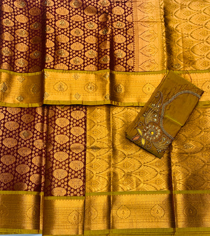 Bridal Vegan Silk Saree Brown shade with Mustard Border with Unstitched blouse in Aari work