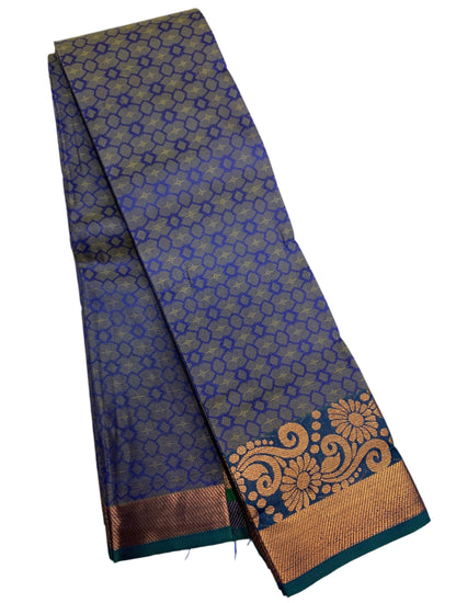 Synthetic Cotton Saree  Blue Shade with Golden and Floral Design Border