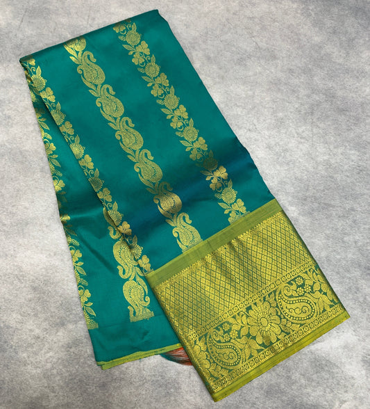 Green shad Pure Kanchipuram Kids Pattu Pavadai with Contrast border for age 5 to 10
