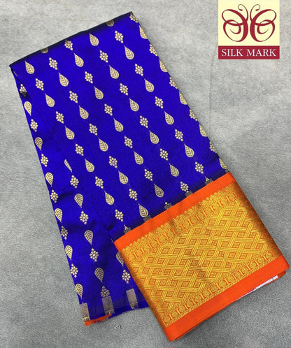 Blue Shade Pure kanchipuram Kids Pattu Pavadai with Contrast Border for Newborn to 2 Years