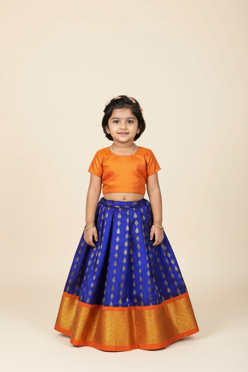 Blue Shade Pure kanchipuram Kids Pattu Pavadai with Contrast Border for Newborn to 2 Years