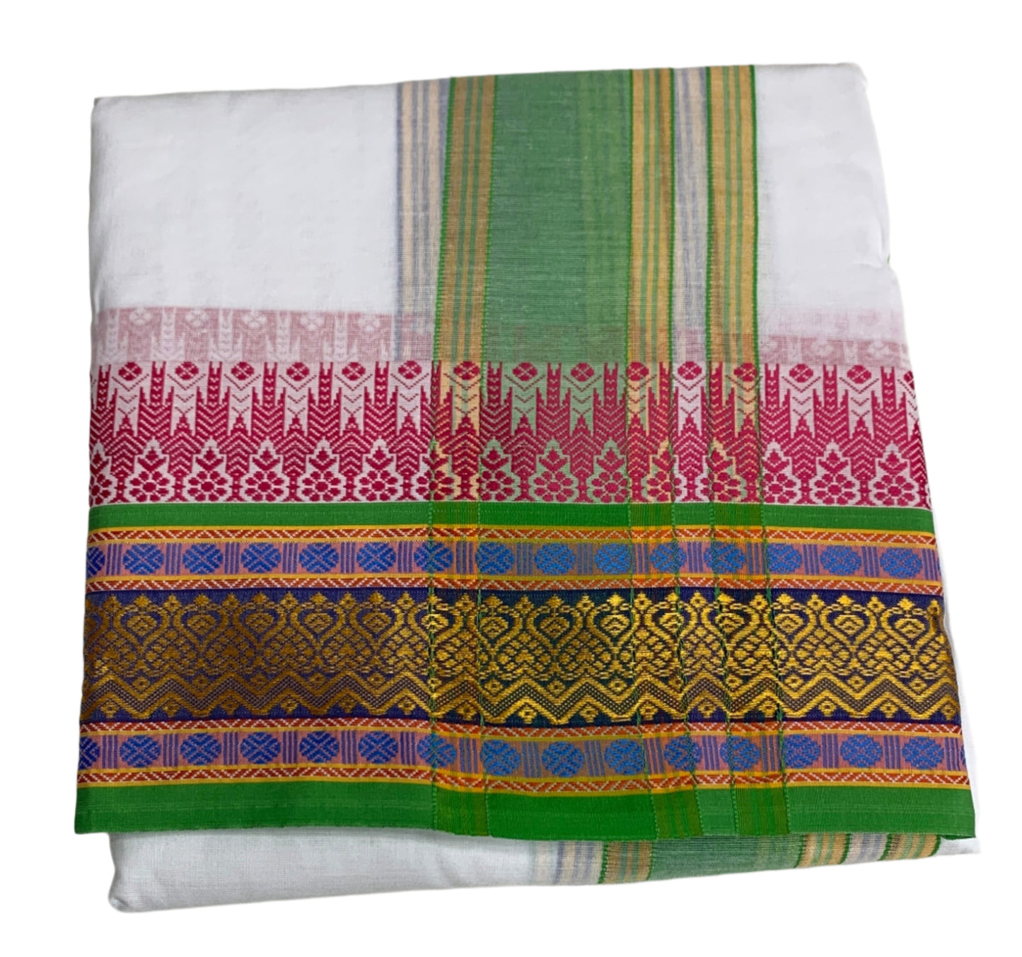 9X5 Cotton Dhoti White Colour with  Light Green Border