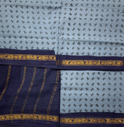 9 yards Cotton Saree Gray Colour with Navy Blue Border