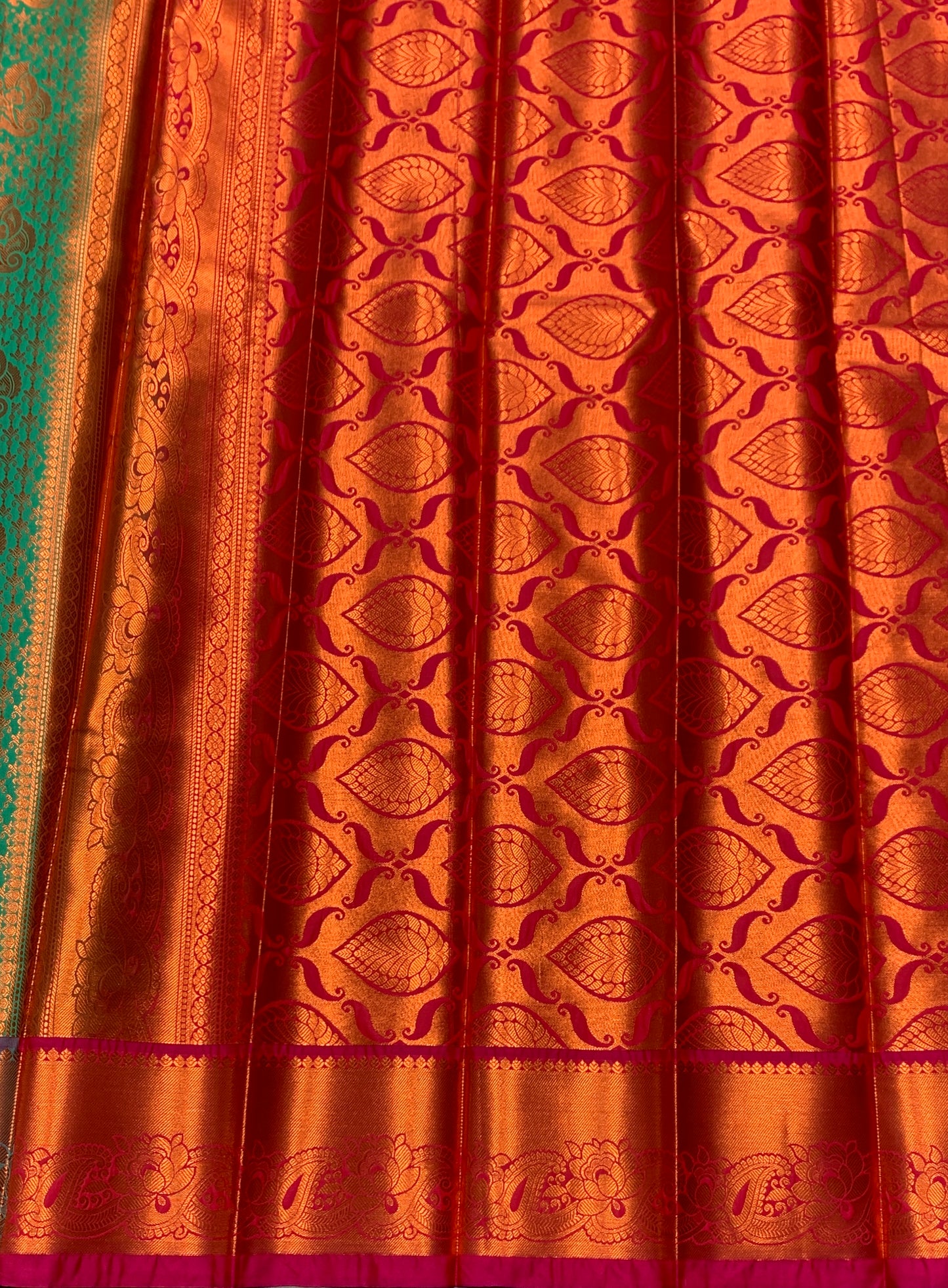 Vegan Silk Saree Light Green Colour with Pink and Copper Border