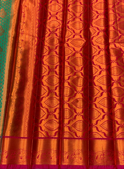 Vegan Silk Saree Light Green Colour with Pink and Copper Border