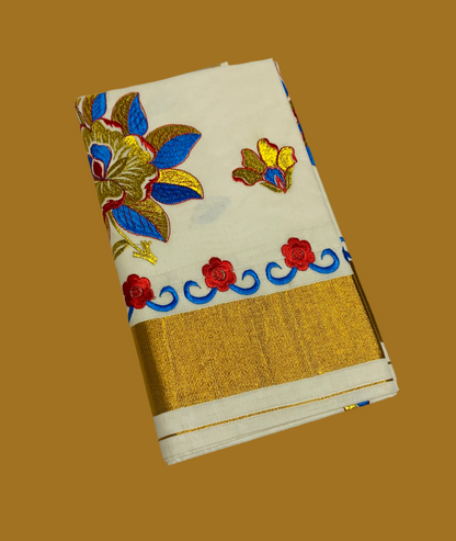 Kerala Cotton Saree Cream Colour with Floral Work Design