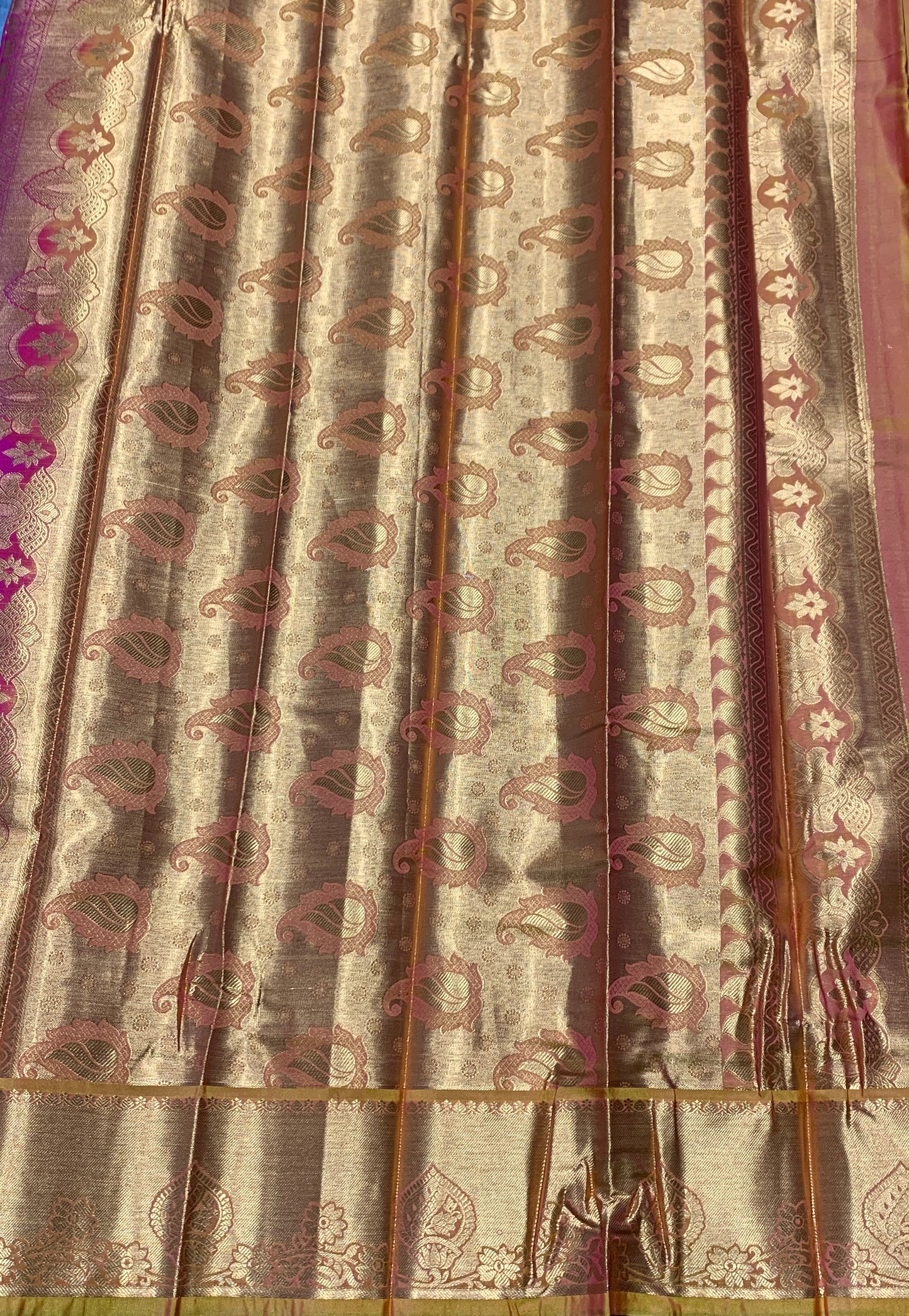Vegan Silk Saree Pink Colour with Golden Yellow and Copper Border
