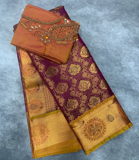 Bridal Vegan Silk Saree Beetroot Pink shade with Golden Yellow Border with Unstitched blouse in Aari Work
