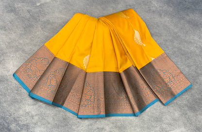 Soft Silk Casual Saree Yellow Colour with Sky Blue Colour Border