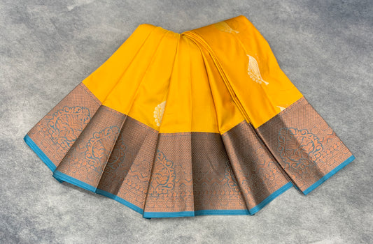 Soft Silk Casual Saree Yellow Colour with Sky Blue Colour Border