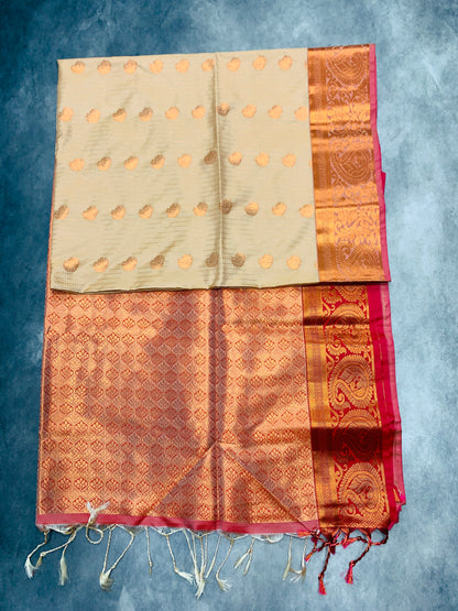 Soft Vegan Silk Saree Sandal Colour with Onion Pink and Copper Border