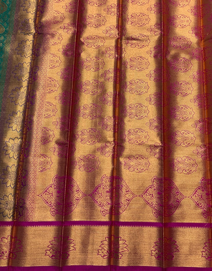 Vegan Silk Saree Rama Green Colour with Copper and Magenta Border