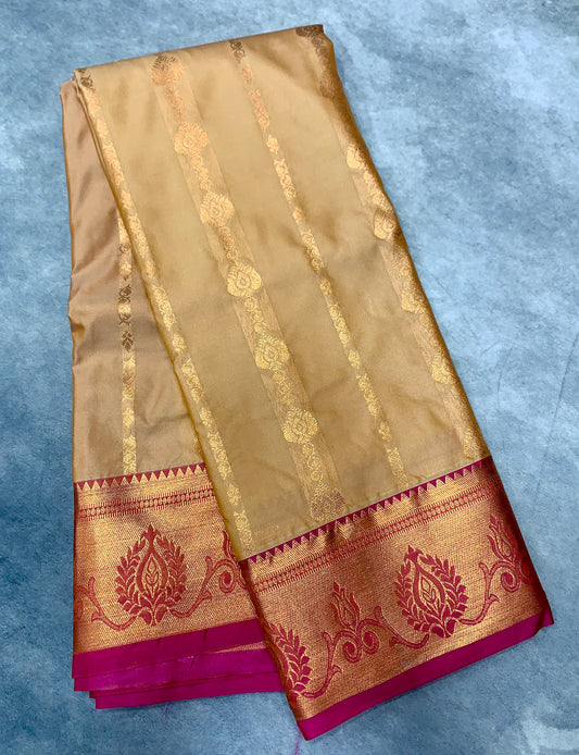 Soft Silk Casual Saree Golden Colour with Pink Colour and Copper Zari Border