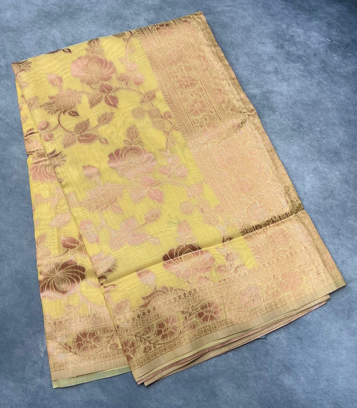 Banaras Katan Saree Yellow Colour with Katan Work Border