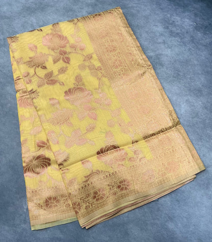 Banaras Katan Saree Yellow Colour with Katan Work Border