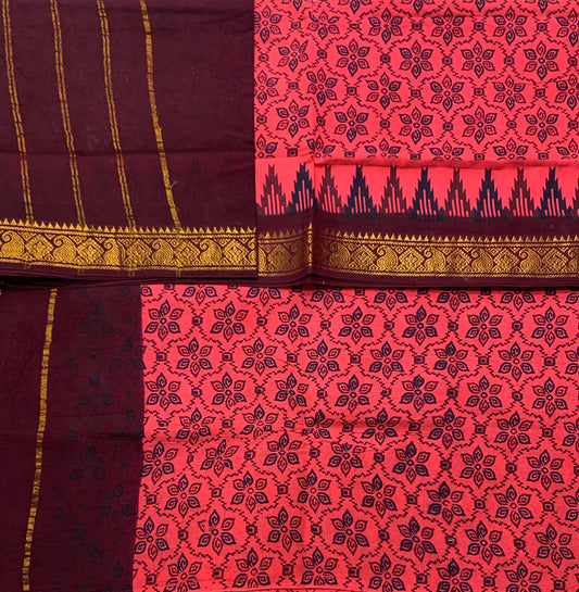 Chettinad Sungudi Cotton Tomato Red Colour with Brown Border