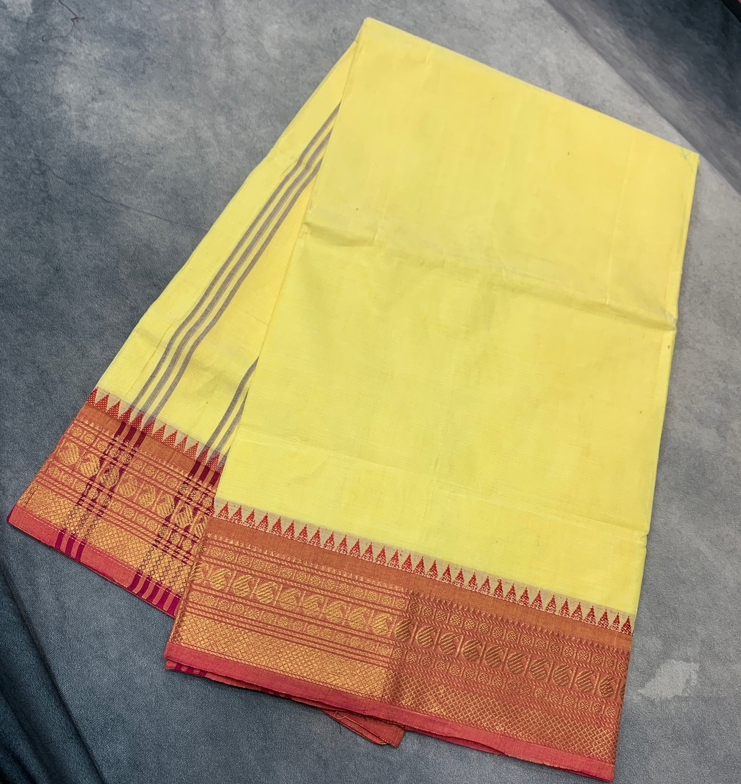Chettinad Cotton Saree Yellow Colour with Light Pink Border