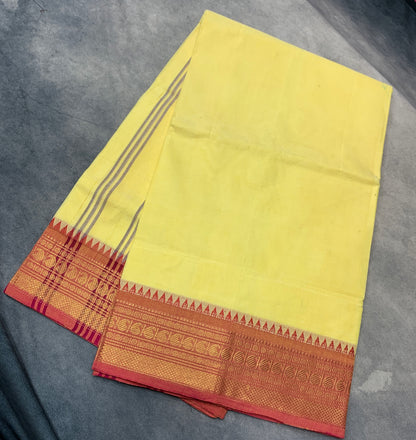 Chettinad Cotton Saree Yellow Colour with Light Pink Border