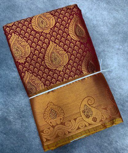 Vegan Silk Saree Maroon Colour with Copper and Golden Yellow Border