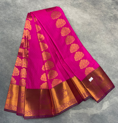 Vegan Silk Saree Rani Pink Colour Saree with Copper Border