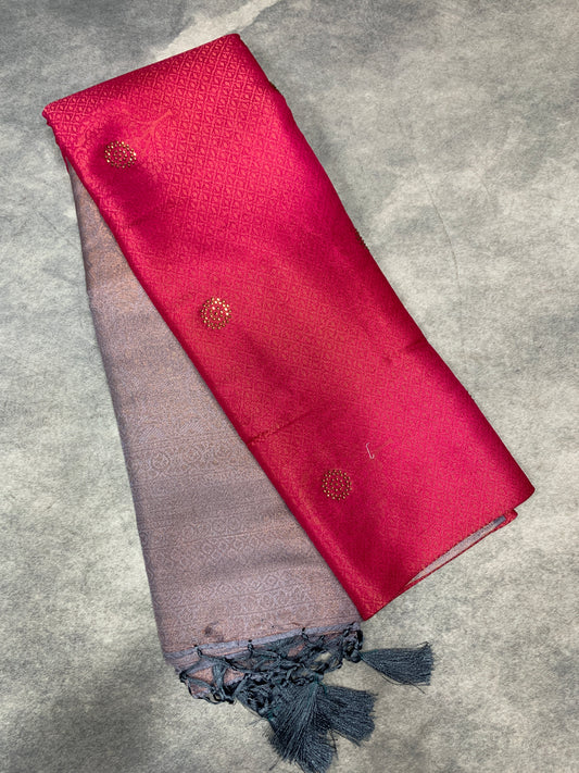 Soft Silk Saree Pink Colour and Stone Work with Gray Colour Pallu