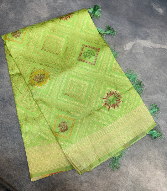 Banaras Soft Silk Saree Apple Green Colour with Sliver Colour Floral Design Border